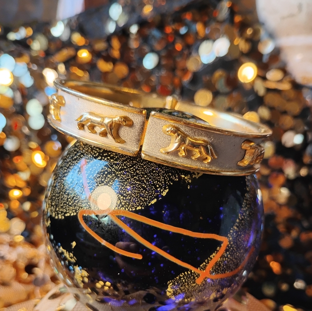 Vintage 80s Gols & Silver Waking Lioness Heavy Metal Spirit Cuff Bracelet